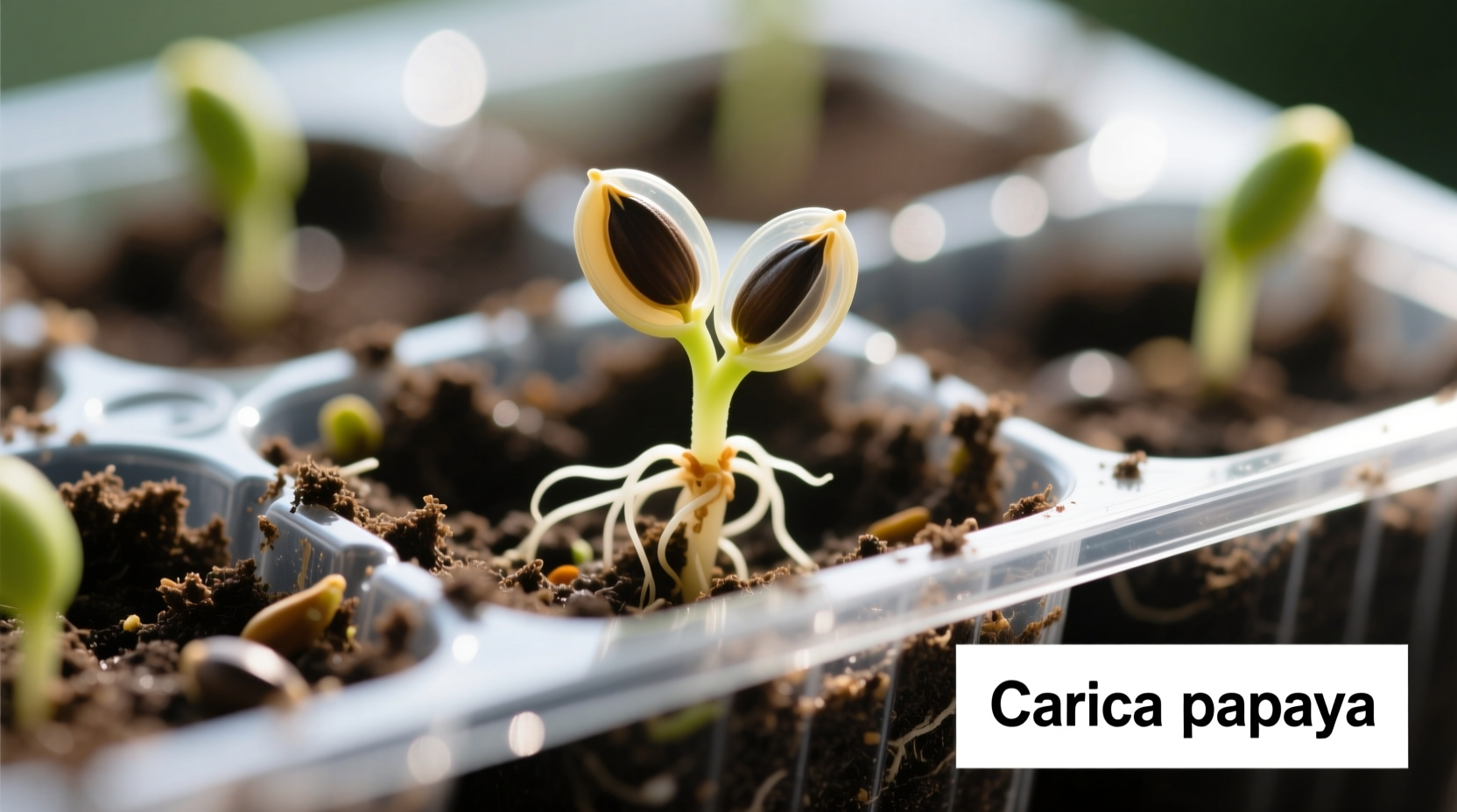 Papaya seeds germinating in soil starter tray