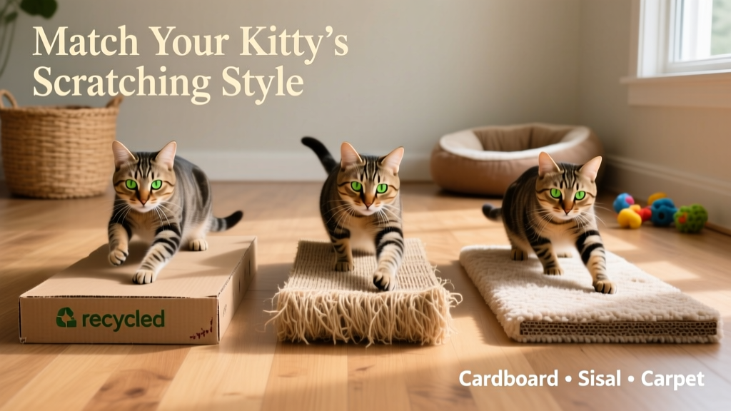 Side-by-side comparison of cardboard, sisal, and carpet scratching surfaces