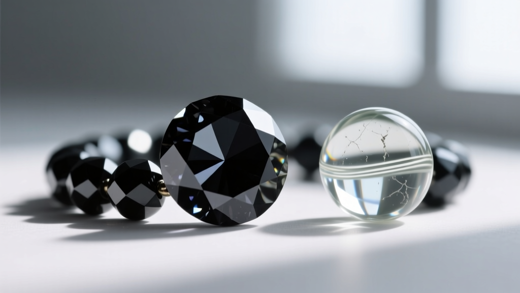 Macro view comparing faceted black spinel beads with sharp edges to molded glass beads showing seam lines under a jeweler's loupe