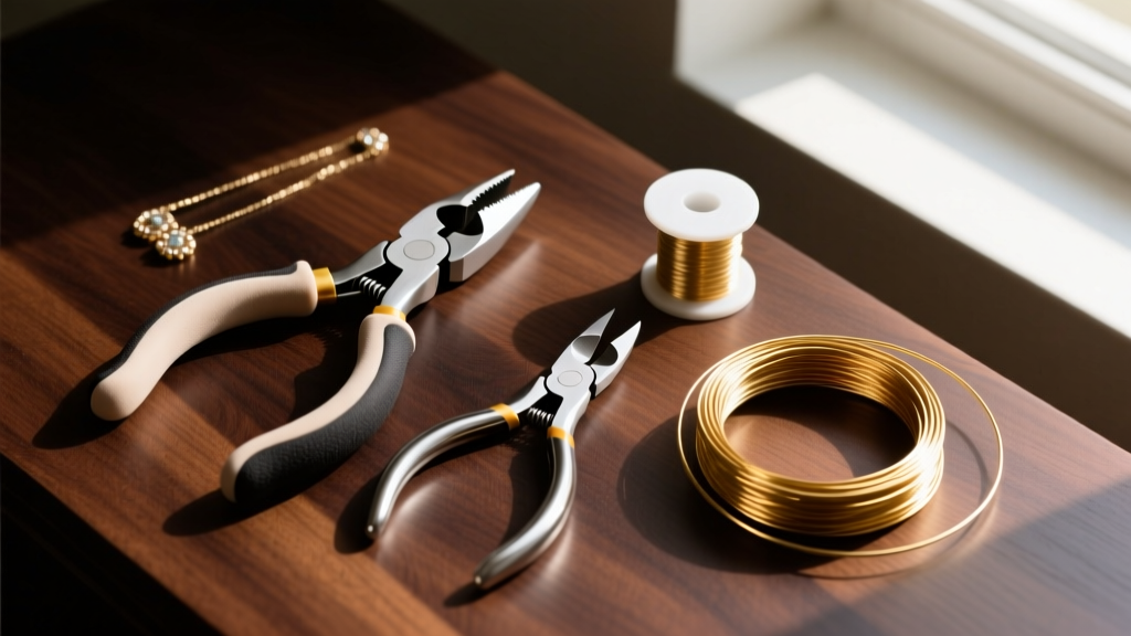 Top-down view of nylon jaw pliers, flush cutters, and a spool of 20-gauge gold-filled wire on a dark wooden jeweler