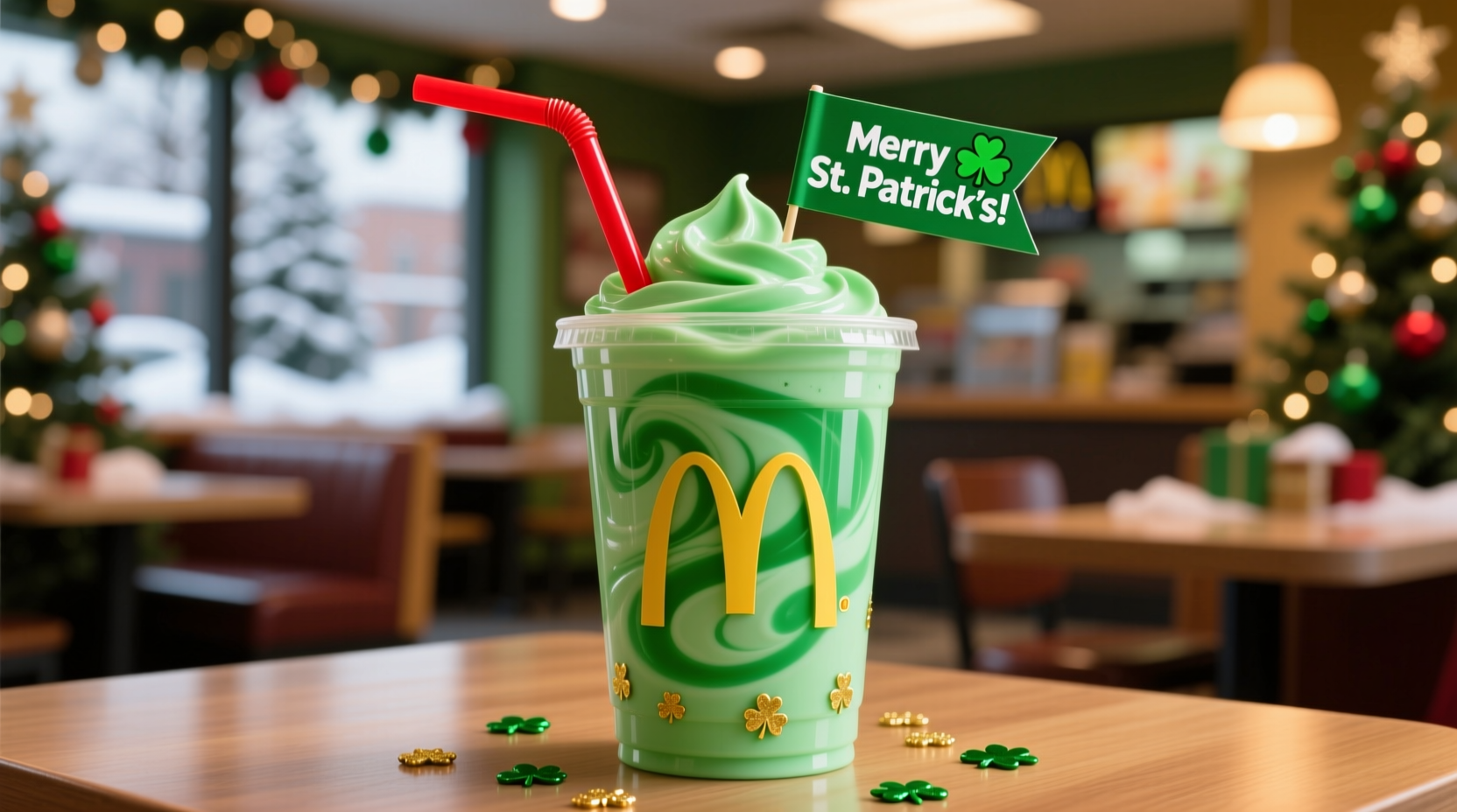Green Shamrock Shake in McDonald's cup with festive straw
