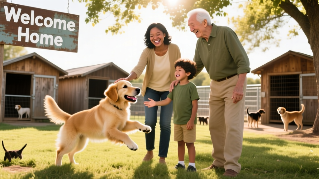 A joyful family meeting their newly adopted dog at a sunny shelter yard