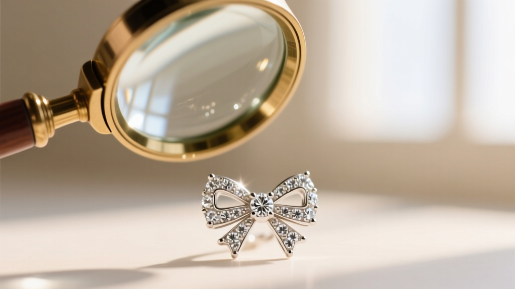 Macro shot of a loupe examining micro-pavé settings on a white gold bow pendant, revealing tiny metal prongs holding small diamonds