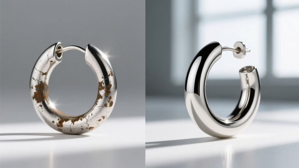 Split-screen earring pictures of a tarnished silver huggie hoop before cleaning and the polished result after an ultrasonic bath