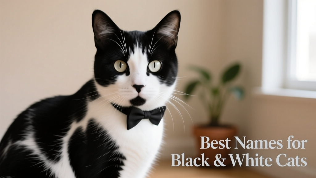 Close-up portrait of a black-and-white marble-coated cat gazing curiously at the camera