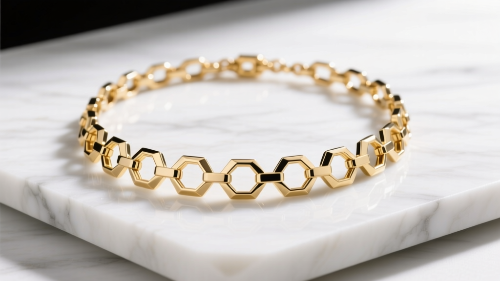 Mid-century Krementz 14K gold overlay chain necklace with geometric links, displayed on a minimalist white marble surface.