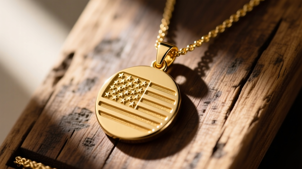 Close-up of a handcrafted 14k solid gold USA necklace pendant on a rustic wooden jeweler