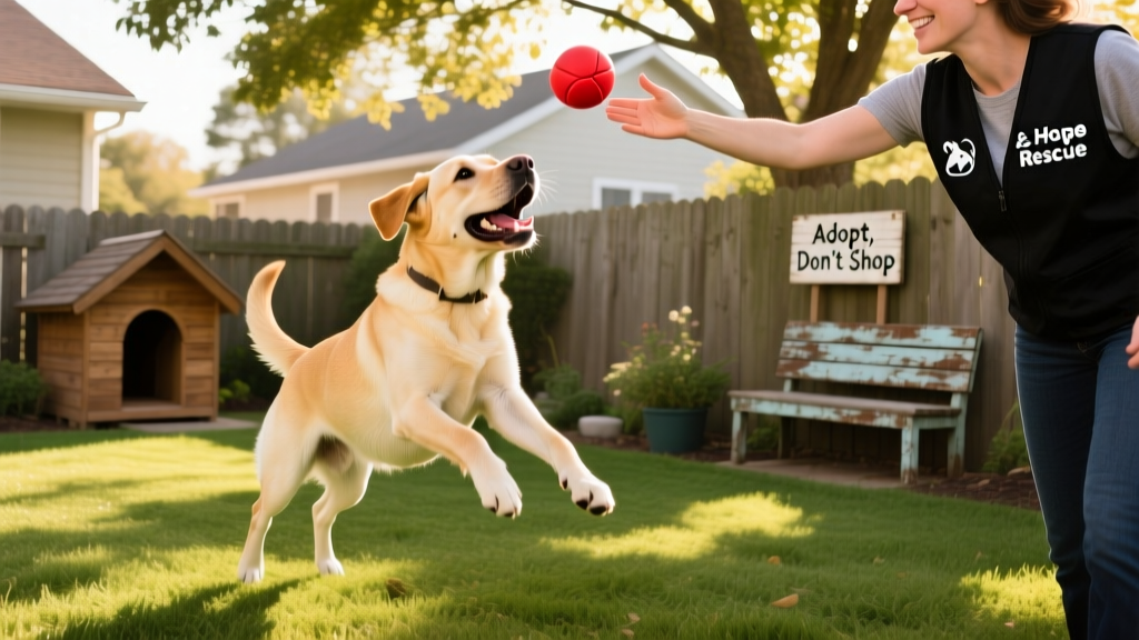 A friendly Labrador Retriever playing fetch in a fenced backyard with a volunteer from a rescue organization