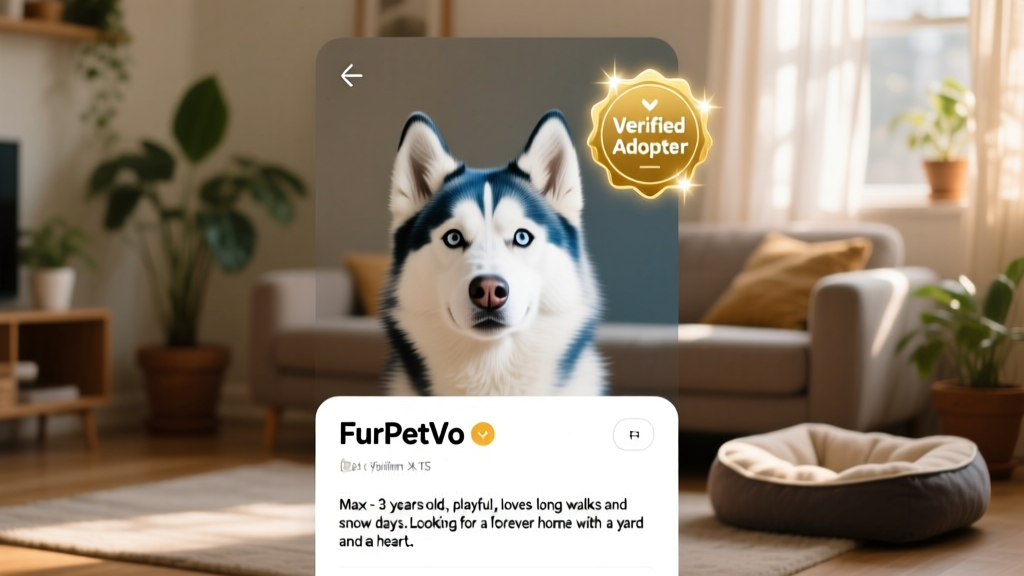 Screenshot-style mockup showing a FurPetVo pet profile page with photo, bio, and 'Verified Adopter' badges