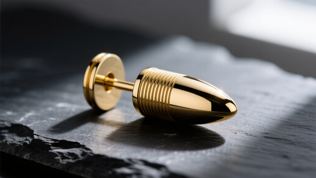 Close-up of a solid 14k yellow gold bullet-shaped earring on dark slate, highlighting machined grooves and a highly polished tip.