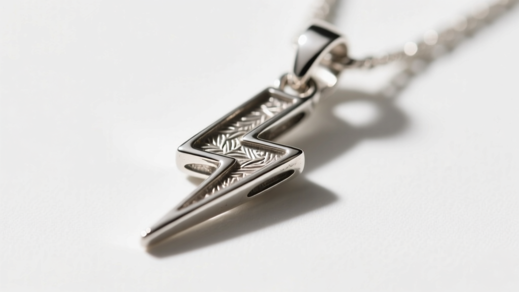 Macro shot of a 925 sterling silver lightning bolt pendant showing slight oxidation in crevices, highlighting textured metal grain.