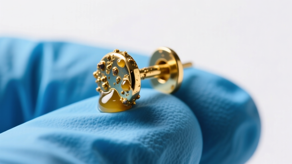 Macro shot of a dirty 14k gold earring post with sebum buildup on a blue nitrile glove under bright clinical lighting