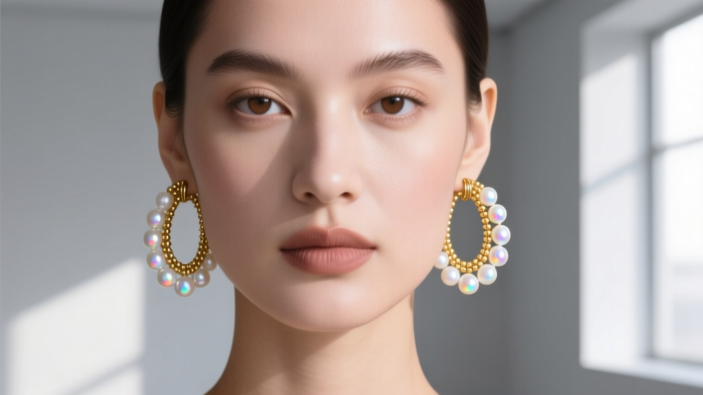 Close-up of a model wearing 14k gold-filled beaded hoop earring designs featuring iridescent white freshwater pearls
