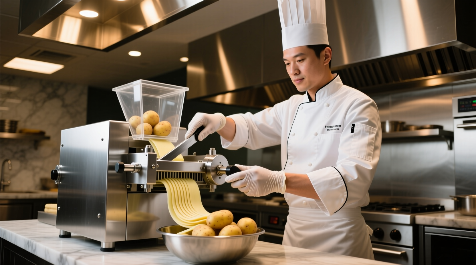 Professional chef using stainless steel potato slicer machine