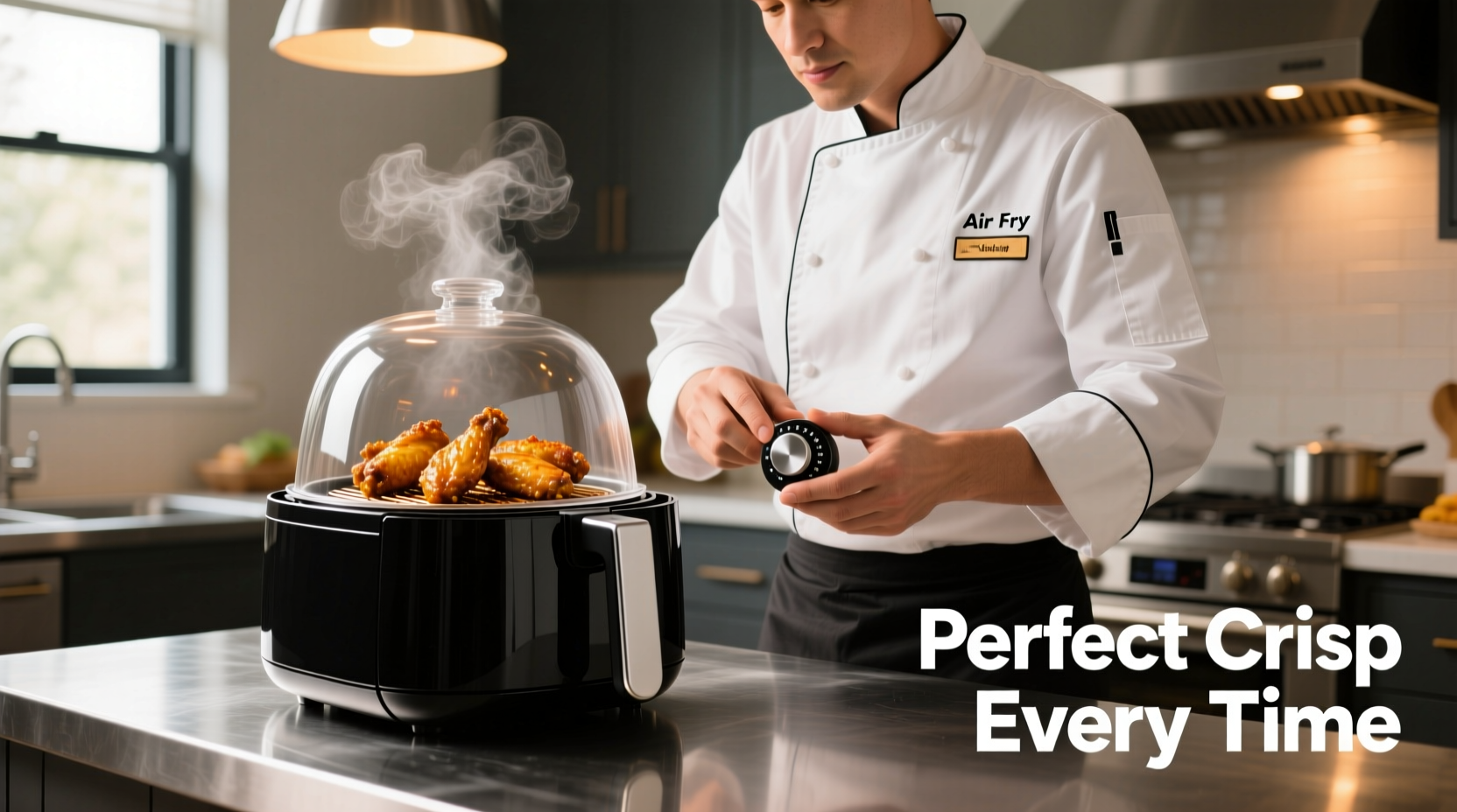 Professional chef demonstrating air fryer cooking technique