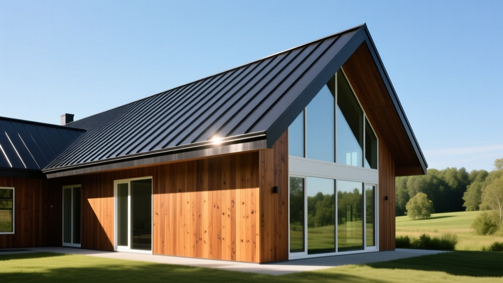 Dark standing seam metal house roofing materials on modern home, contrasting with warm cedar siding and large architectural windows