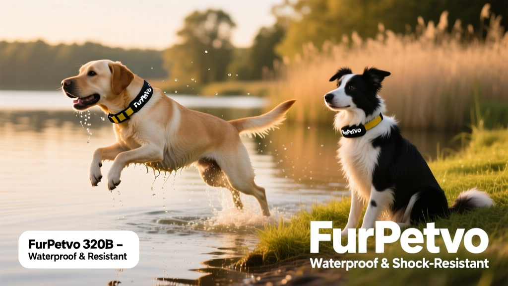 Two dogs wearing matching FurPetVo 320B collars, one mid-retrieval from a lake, the other sitting calmly on shore