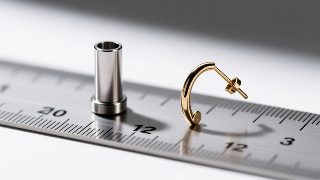 Side profile comparing a sturdy 20-gauge surgical steel earring post to a bent 22-gauge novelty post against a ruler background.