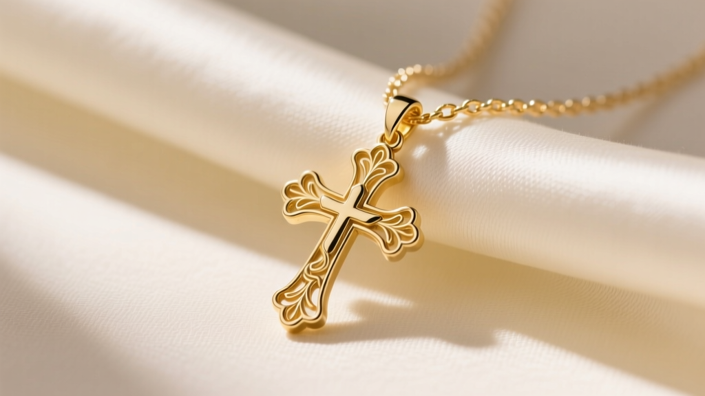 Close-up of a 14k solid gold James Avery cross pendant resting on a delicate rope chain against cream silk fabric background