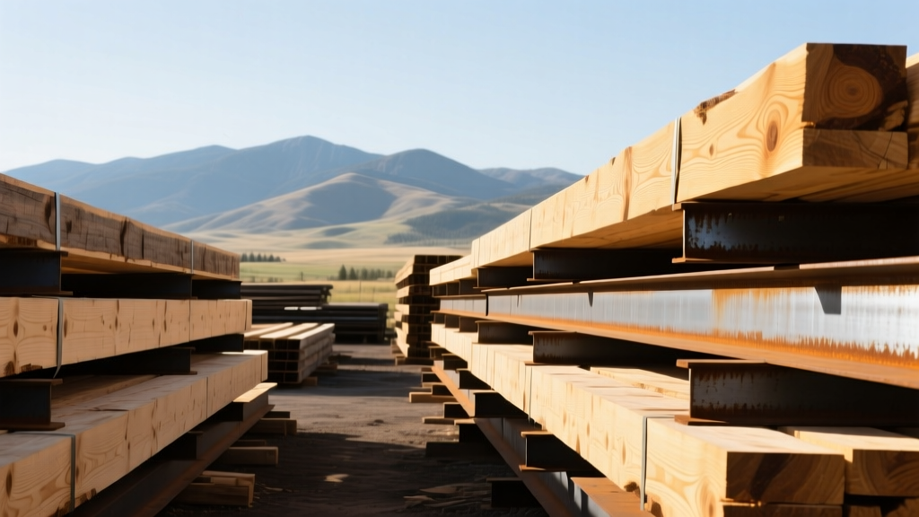 Reclaimed Douglas Fir timber beams and salvaged steel I-beams stacked in a Boise Idaho lumber yard with mountain foothills in background