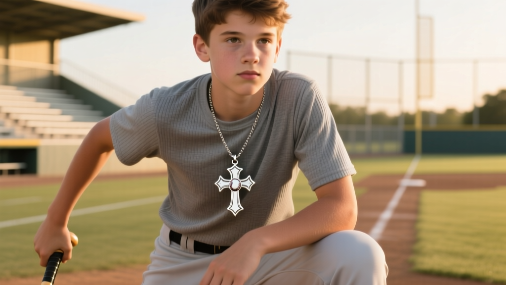 A teenage baseball player wearing a 22-inch stainless steel baseball cross pendant over a grey heather baseball undershirt.
