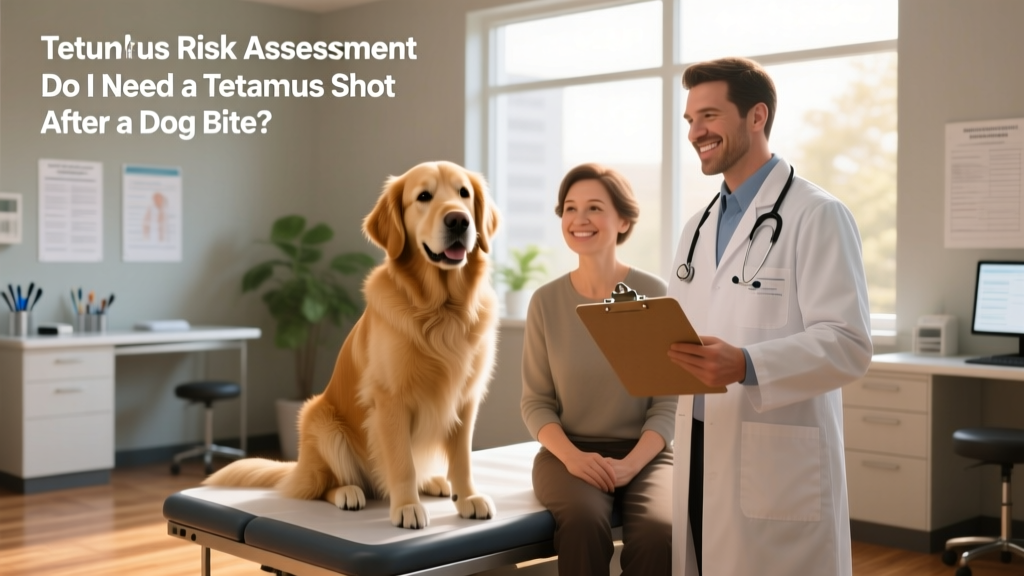 A calm, well-socialized dog sitting beside its owner during a routine vet checkup, symbolizing responsible pet ownership and preventive care