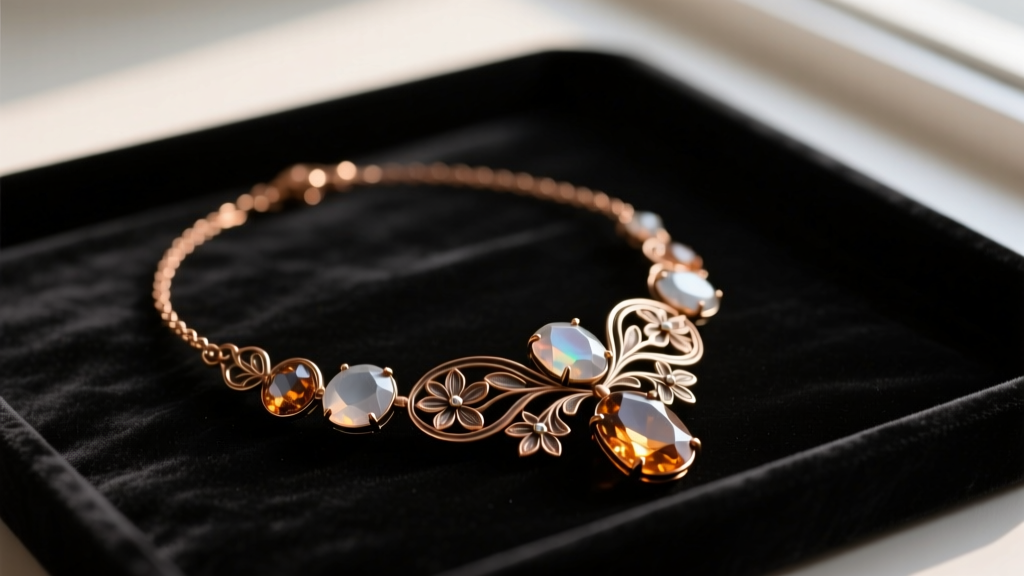 Tarnished bronze-tone crystal necklace with cloudy stones and floral enamel detailing resting on a dark velvet tray.
