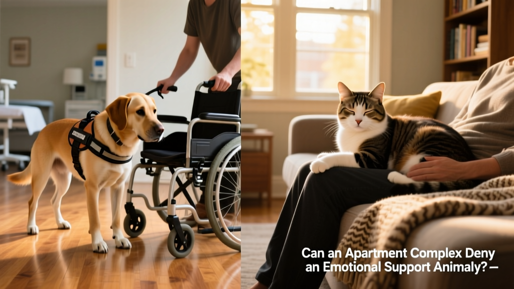 Side-by-side comparison: a service dog assisting someone with mobility tasks versus a cat offering quiet companionship on a lap at home