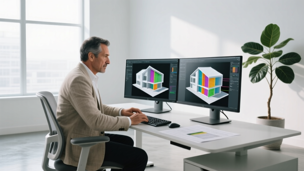 Architect reviewing digital BIM models and technical spec sheets for acoustic insulation on dual monitors in a bright studio
