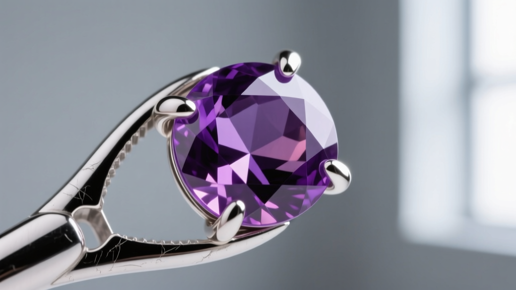 Macro shot of a sterling silver pinch bail gripping a faceted amethyst gemstone, highlighting the metal prongs and tension