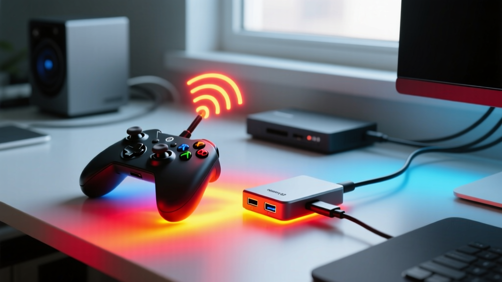 Thermal imaging diagram illustrating USB 3.0 radio frequency interference affecting 2.4GHz wireless gaming controllers near unshielded USB-C hubs
