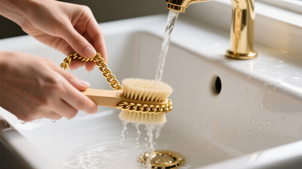 Close-up of hands scrubbing a 14k gold rope chain with a soft brush under warm running water in a white porcelain sink