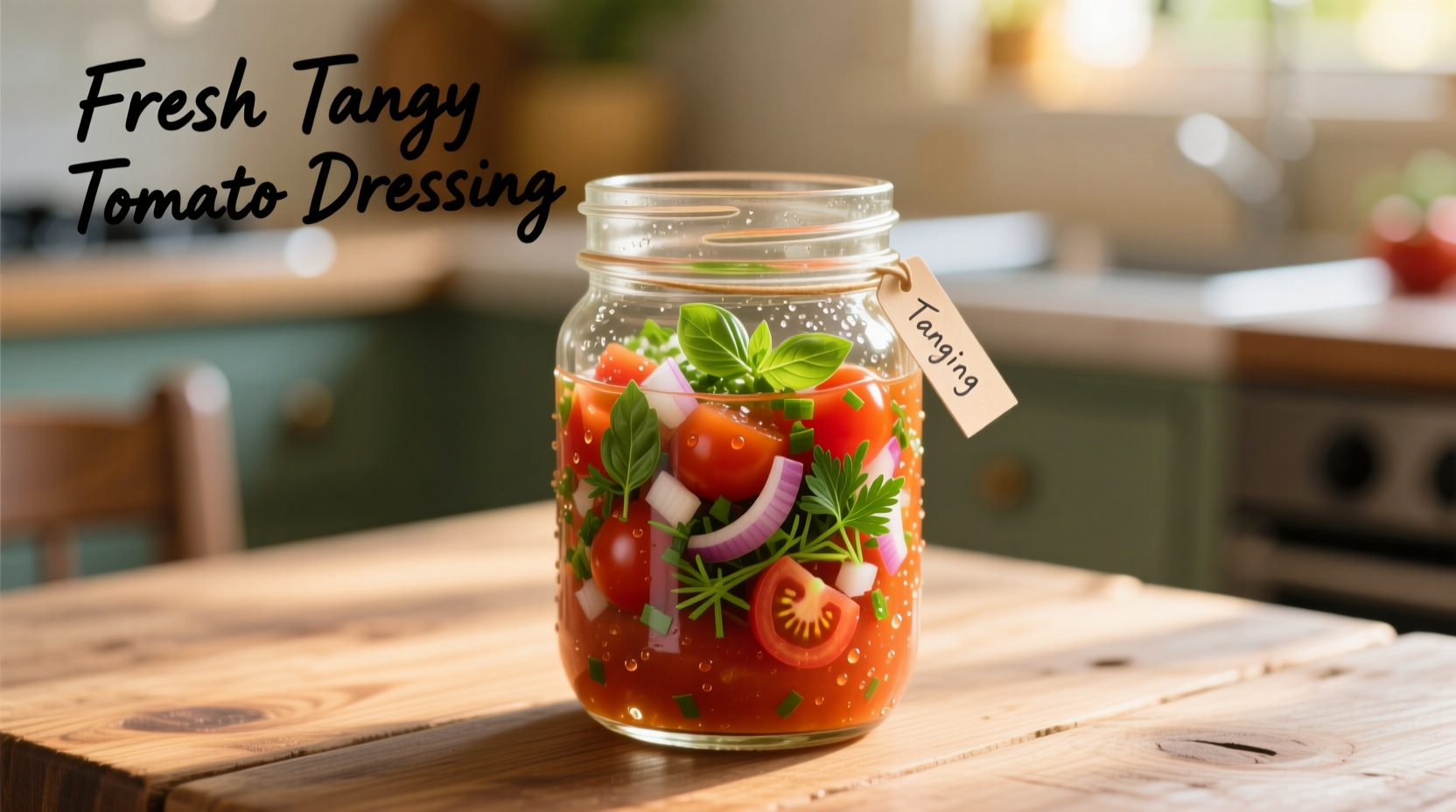 Fresh tangy tomato dressing in glass jar with herbs