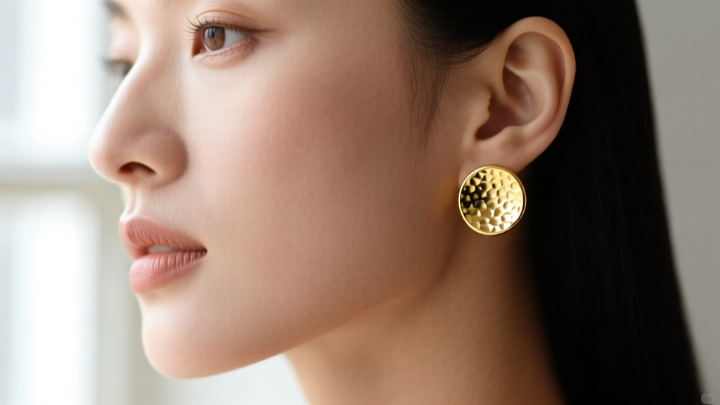 Editorial close-up of 14mm hammered 18k yellow gold button earrings on a model, soft window light highlighting the textured metal.