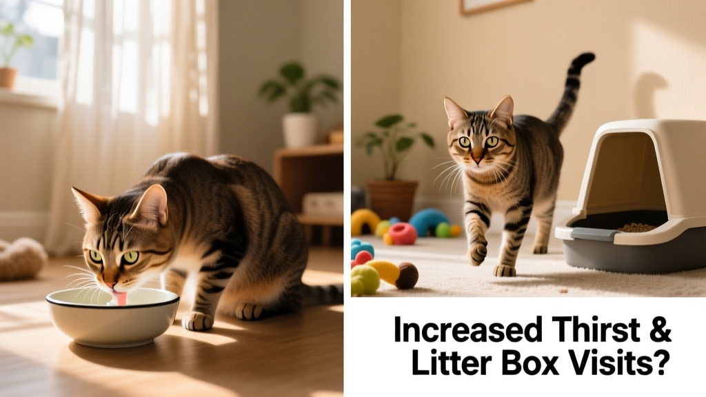 Side-by-side comparison showing a healthy cat drinking water and another with visibly increased thirst and frequent trips to the litter box