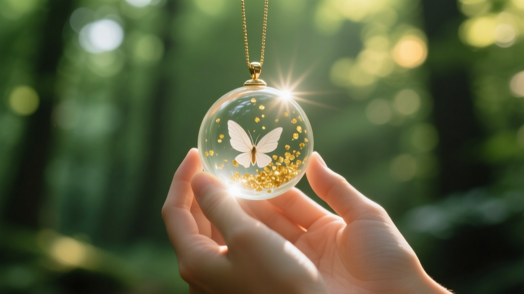 Hands holding a glass orb pendant with pet ashes and gold flakes, photographed against a softly blurred green forest background