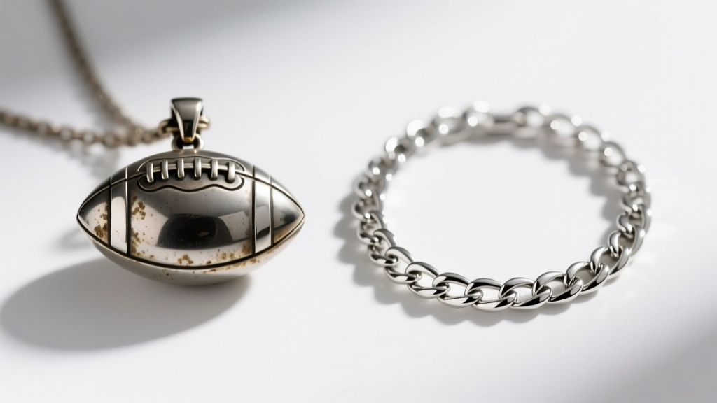 Side-by-side comparison of a tarnished zinc alloy football pendant and a polished rhodium-plated sterling silver chain