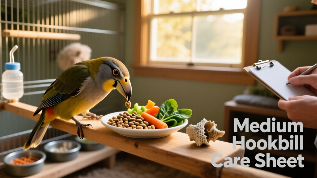 A medium hookbill enjoying a balanced meal of pellets, chopped veggies, and a cuttlebone in its cage