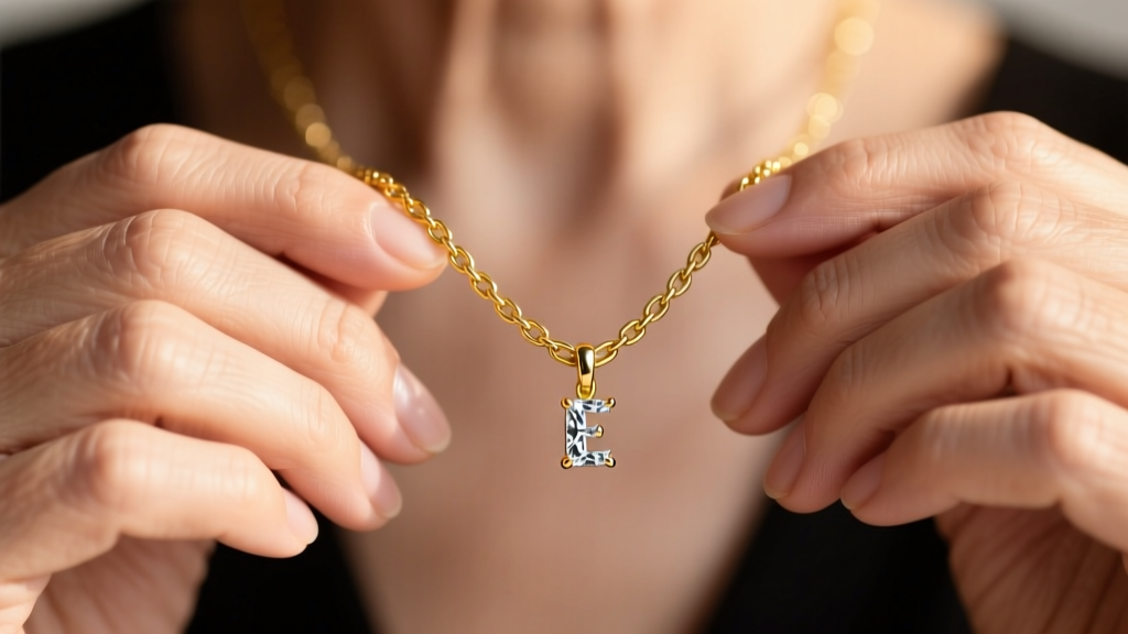 Close-up of mature hands holding a delicate 14k yellow gold box chain necklace with a diamond initial pendant, soft warm lighting