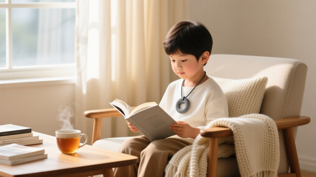 Child wearing a discreet charcoal-gray dog-tag silicone chew necklace while reading a book in a cozy sunlit reading nook.