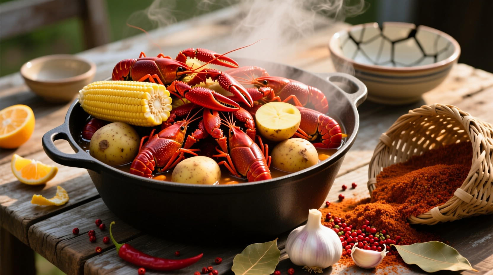 Crawfish boil ingredients in preparation stage