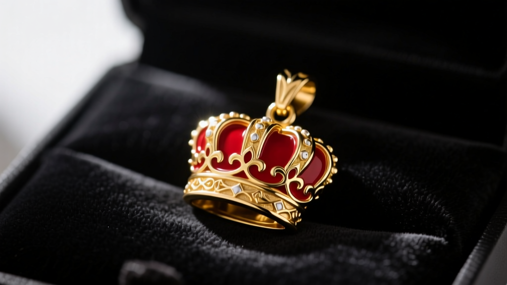 Close-up of a gold-plated Cult of the Lamb enamel pendant featuring the Red Crown, resting on dark velvet cloth with moody lighting.