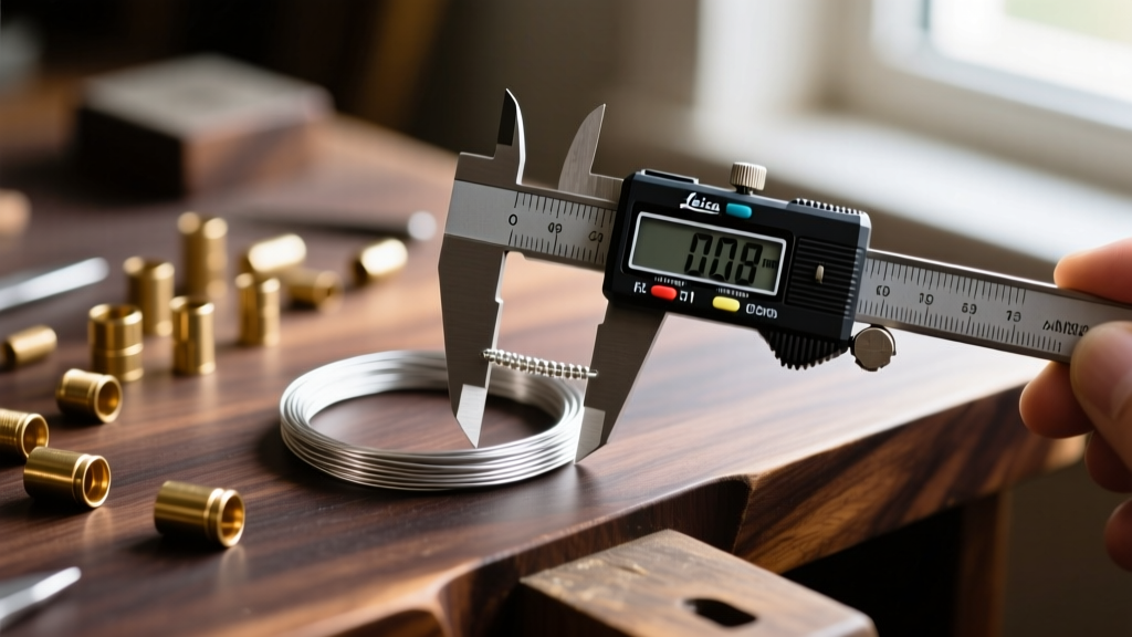 Close-up of digital calipers measuring .018 inch silver beading wire on a dark wood jeweler workbench next to scattered crimp tubes.
