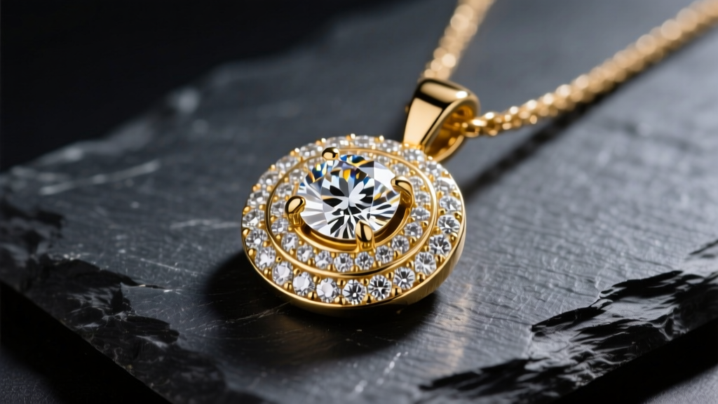 Close-up of an 18k gold Kike Hernandez diamond pendant on dark slate, showing intricate pave setting under bright studio lighting.