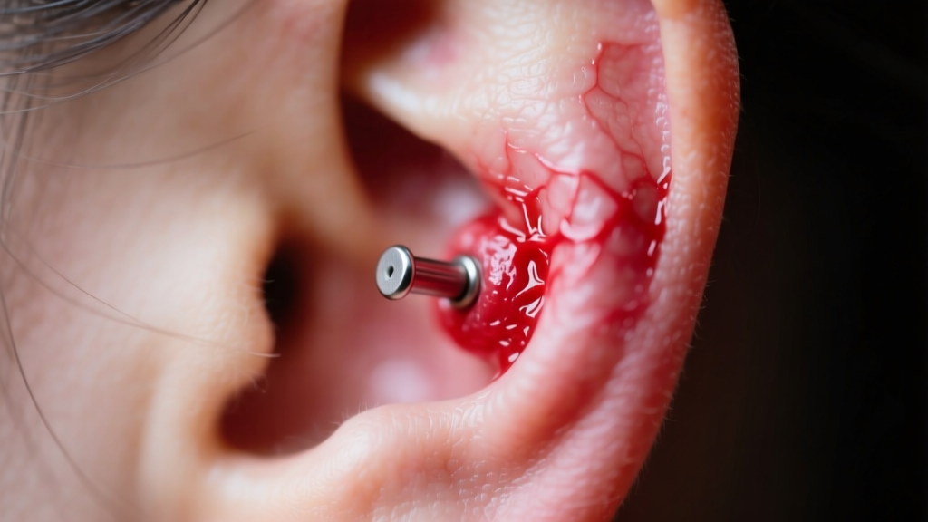 Macro shot of an inflamed earlobe piercing showing red swollen tissue around a dull metal post under soft clinical lighting setup