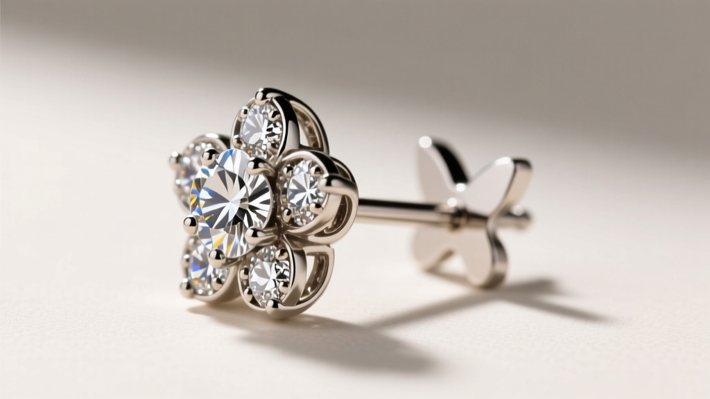 Side profile of a diamond flower stud earring showing the basket setting gallery, earring post, and secure butterfly friction back