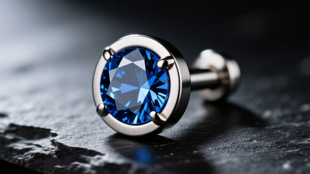 Macro shot of an 18-gauge implant-grade titanium flat back labret with a bezel-set sapphire gem, resting on a dark slate surface
