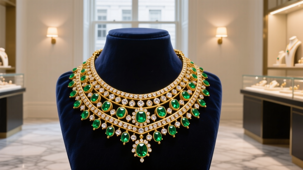 Macro shot of a 22k gold Jadau necklace with Polki diamonds and emeralds on velvet in a softly lit Washington D.C. jewelry store