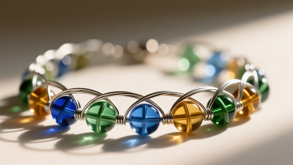 Macro photography of a necklace made of beads showing 49-strand steel wire threaded through 6mm recycled Czech glass beads