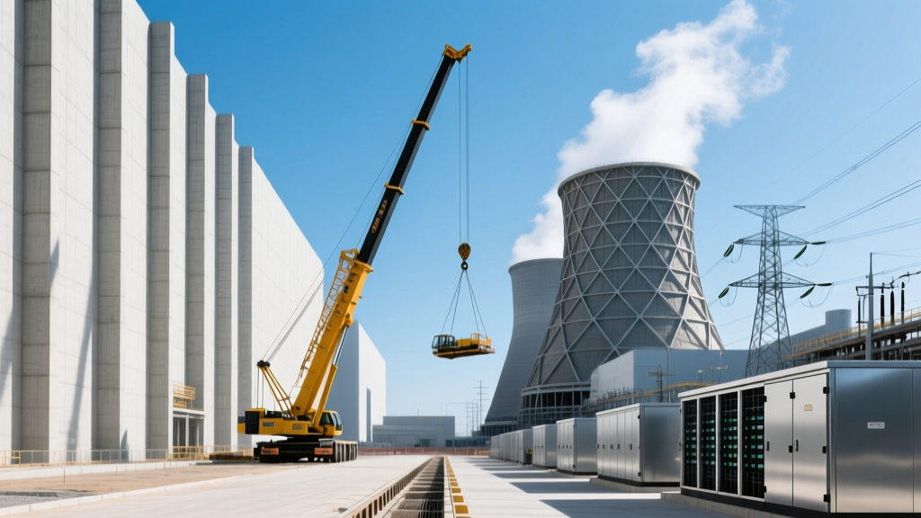 Cranes lifting pre-cast concrete walls at a data center construction site next to industrial cooling towers and electrical switchgear yards